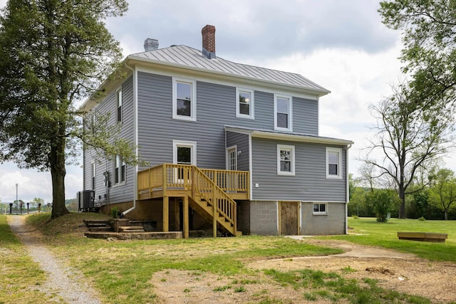 630 Battlefield Rd, Fort Defiance, VA 24437 - back of house featuring a chimney, a standing seam roof, a wooden deck, stairs, and central AC