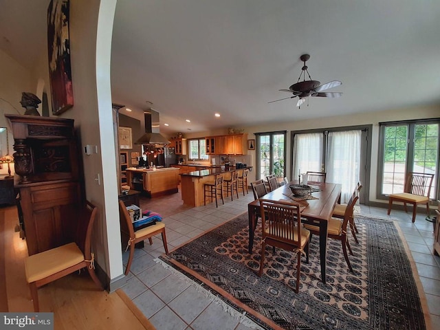 5902 Patriot Hwy, Woodford, VA 22580 - dining room featuring light tile patterned flooring, a ceiling fan, arched walkways, and recessed lighting