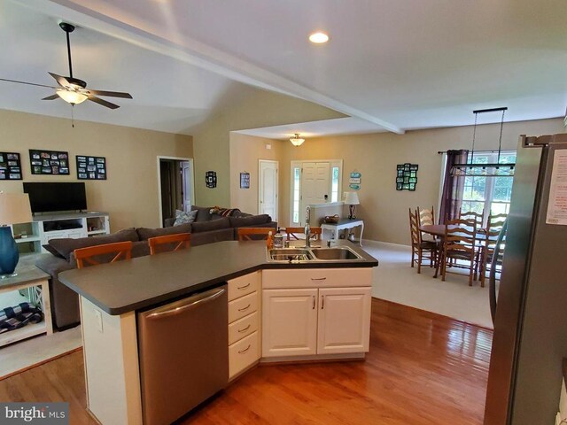 6029 Lost Cove Dr, Mineral, VA 23117 - kitchen featuring appliances with stainless steel finishes, a sink, open floor plan, ceiling fan, and wood finished floors