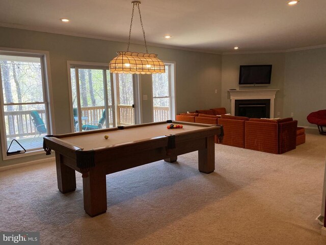 6029 Lost Cove Dr, Mineral, VA 23117 - playroom featuring billiards table, carpet flooring, ornamental molding, a fireplace, and recessed lighting