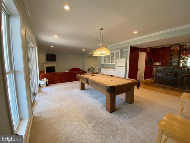 6029 Lost Cove Dr, Mineral, VA 23117 - game room with ornamental molding, light colored carpet, pool table, recessed lighting, and bar