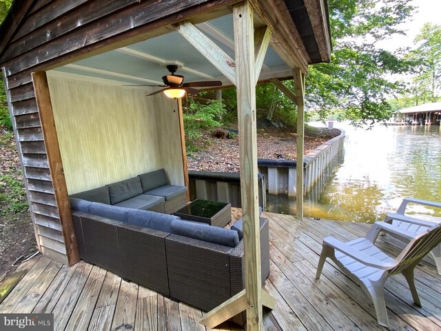 6029 Lost Cove Dr, Mineral, VA 23117 - wooden deck with an outdoor living space, a water view, and ceiling fan