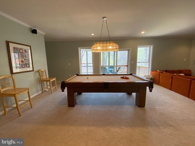 6029 Lost Cove Dr, Mineral, VA 23117 - recreation room with carpet, billiards table, plenty of natural light, crown molding, and recessed lighting