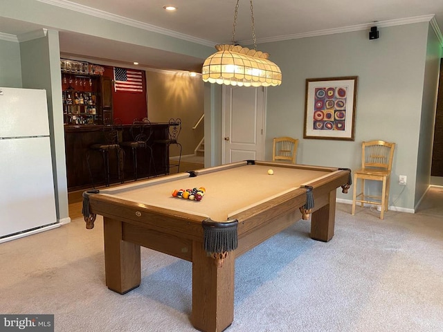 6029 Lost Cove Dr, Mineral, VA 23117 - playroom featuring a dry bar, light carpet, crown molding, billiards, and baseboards