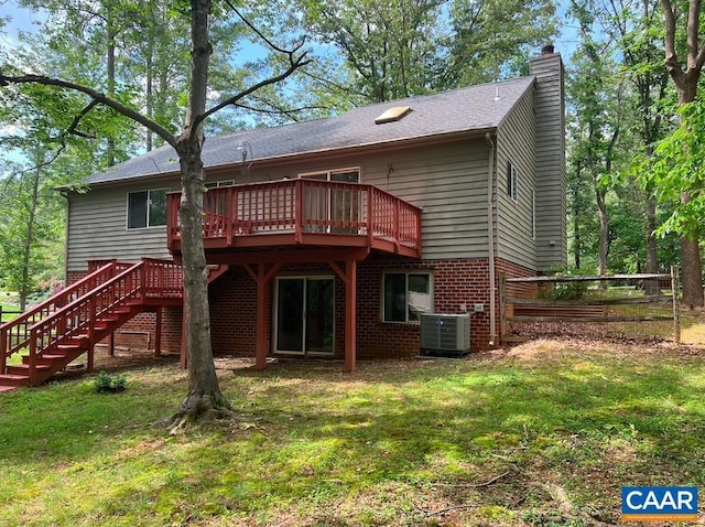 7 Englewood Dr, Palmyra, VA 22963 - back of house featuring a chimney, a wooden deck, stairs, and a yard