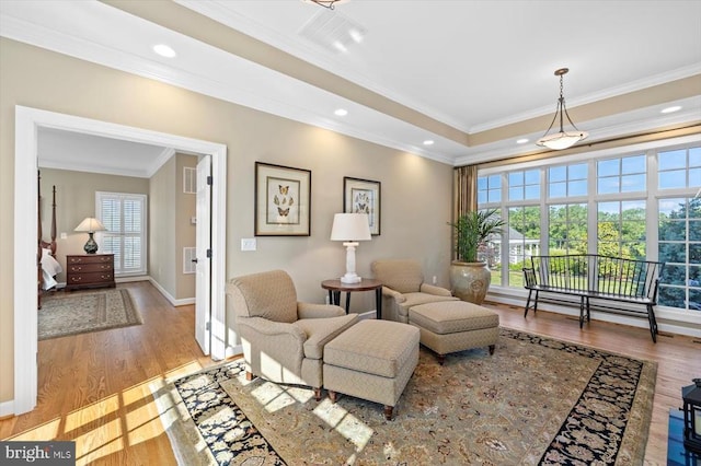 10042 Cedar Spring Ln, Culpeper, VA 22701 - living area featuring wood finished floors, plenty of natural light, ornamental molding, and recessed lighting