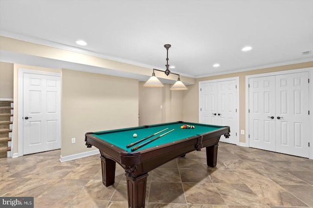 10042 Cedar Spring Ln, Culpeper, VA 22701 - rec room featuring ornamental molding, billiards, and recessed lighting