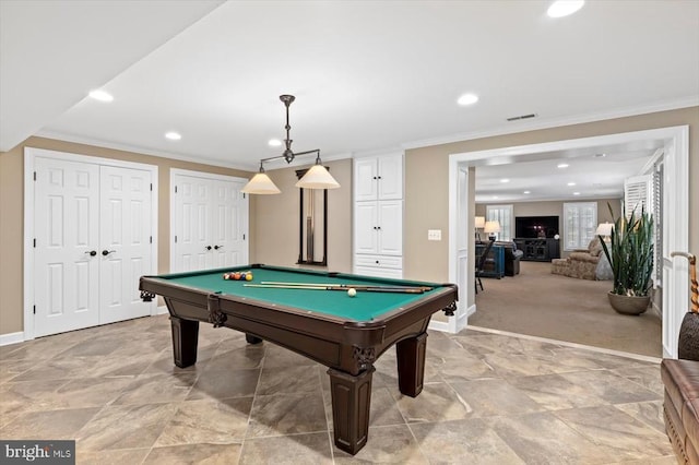 10042 Cedar Spring Ln, Culpeper, VA 22701 - recreation room with billiards table, recessed lighting, ornamental molding, and light stone finish floors