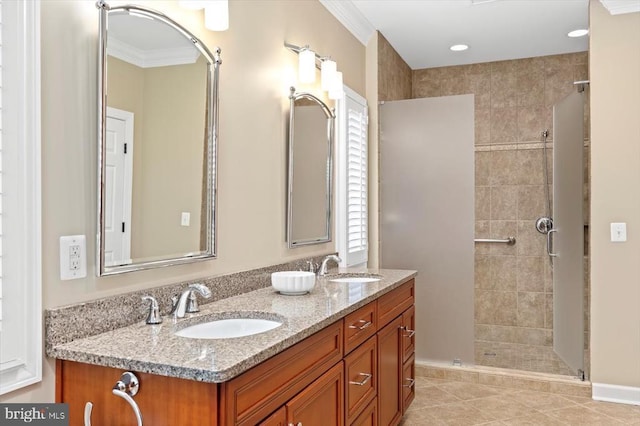 10042 Cedar Spring Ln, Culpeper, VA 22701 - bathroom with double vanity, tiled shower, tile patterned floors, and ornamental molding