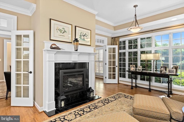 10042 Cedar Spring Ln, Culpeper, VA 22701 - living area featuring french doors, wood finished floors, ornamental molding, and a premium fireplace