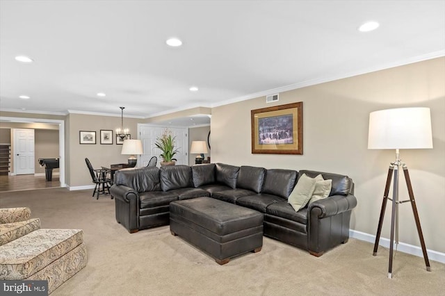 10042 Cedar Spring Ln, Culpeper, VA 22701 - living room with light carpet, recessed lighting, ornamental molding, and a chandelier