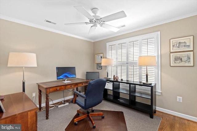 10042 Cedar Spring Ln, Culpeper, VA 22701 - office space featuring crown molding, a ceiling fan, and wood finished floors