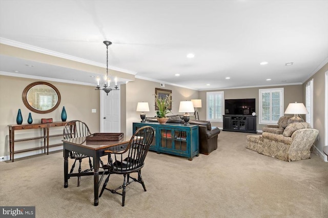 10042 Cedar Spring Ln, Culpeper, VA 22701 - dining space featuring crown molding, light colored carpet, recessed lighting, and a chandelier