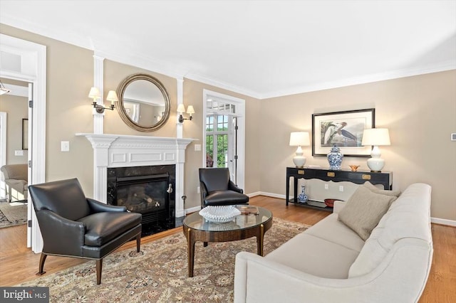 10042 Cedar Spring Ln, Culpeper, VA 22701 - living area featuring a high end fireplace, wood finished floors, and ornamental molding