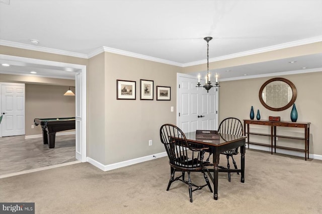 10042 Cedar Spring Ln, Culpeper, VA 22701 - dining room featuring pool table, crown molding, a chandelier, and light carpet