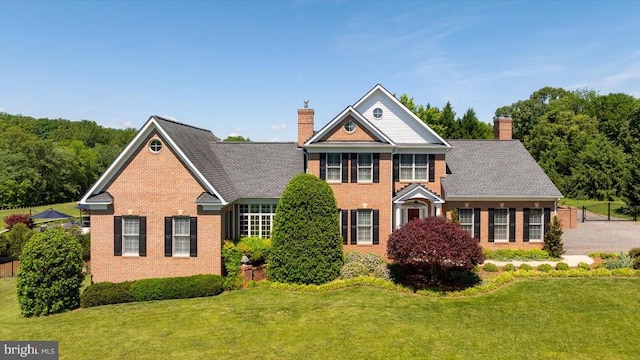 10042 Cedar Spring Ln, Culpeper, VA 22701 - colonial inspired home with a chimney, brick siding, and a front lawn