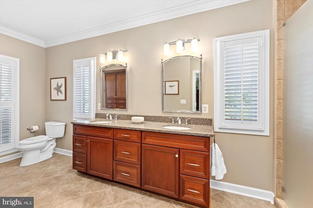 10042 Cedar Spring Ln, Culpeper, VA 22701 - bathroom featuring double vanity, crown molding, a shower, and tile patterned floors