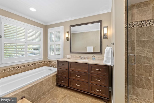 10042 Cedar Spring Ln, Culpeper, VA 22701 - full bath featuring vanity, a shower stall, a bath, tile patterned floors, and crown molding