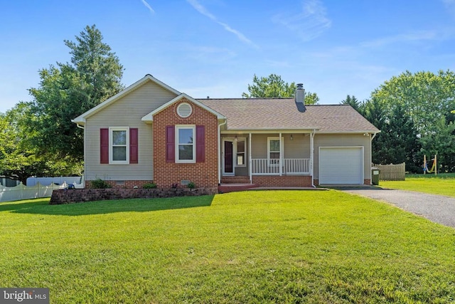 11505 Brian Dr, Fredericksburg, VA 22407 - ranch-style house with covered porch, an attached garage, gravel driveway, a chimney, and crawl space