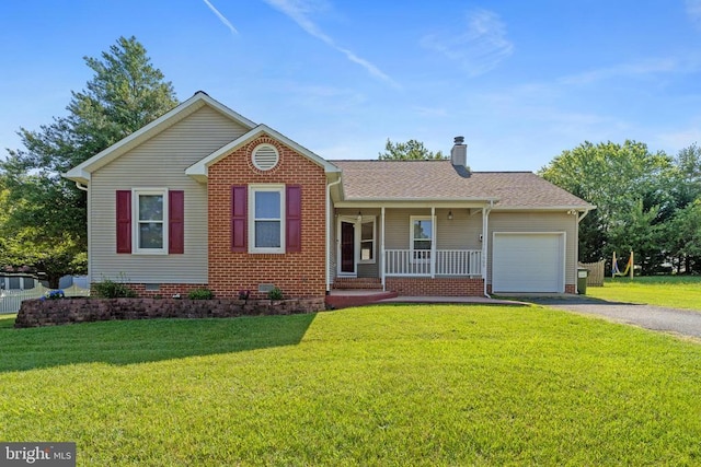 11505 Brian Dr, Fredericksburg, VA 22407 - view of front facade with covered porch, a garage, driveway, a chimney, and a front lawn