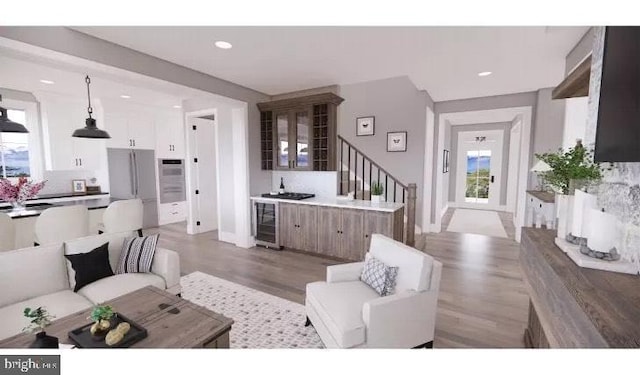 51 Lighthouse Dr, Bumpass, VA 23024 - living room featuring beverage cooler, stairway, wood finished floors, recessed lighting, and baseboards