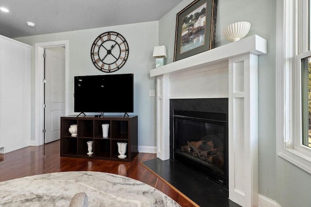 living room featuring a glass covered fireplace, wood finished floors, and baseboards