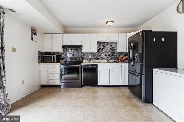 5200 Sweet Gum Ter, Fredericksburg, VA 22407 - kitchen featuring black appliances, extractor fan, white cabinets, and tasteful backsplash