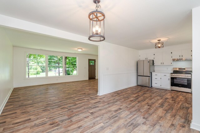 9048 Cinder Run Ln, Elkton, VA 22827 - kitchen featuring stainless steel range with electric cooktop, freestanding refrigerator, dark wood-style flooring, white cabinets, and open floor plan