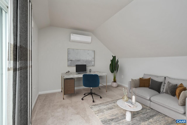 3215 Bergen St, Charlottesville, VA 22902 - home office with a wall mounted air conditioner, vaulted ceiling, and light carpet