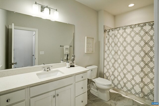 1658 Koch Ct, Charlottesville, VA 22911 - full bath with toilet, curtained shower, marble finish floor, vanity, and recessed lighting