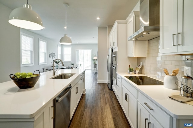 1658 Koch Ct, Charlottesville, VA 22911 - kitchen featuring a sink, wall chimney exhaust hood, stainless steel dishwasher, dark wood-style flooring, and black electric stovetop
