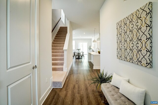 1658 Koch Ct, Charlottesville, VA 22911 - hallway with recessed lighting, dark wood-type flooring, baseboards, and stairs
