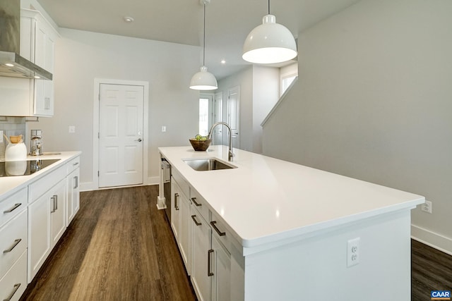 1658 Koch Ct, Charlottesville, VA 22911 - kitchen featuring a sink, wall chimney exhaust hood, dark wood-type flooring, light countertops, and black electric stovetop
