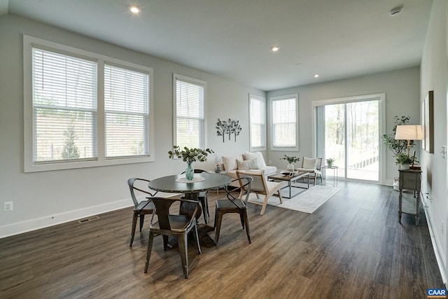 1658 Koch Ct, Charlottesville, VA 22911 - dining space featuring baseboards, dark wood-type flooring, visible vents, and recessed lighting
