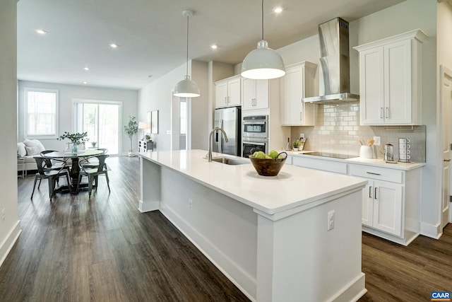 1658 Koch Ct, Charlottesville, VA 22911 - kitchen with a sink, dark wood-style flooring, wall chimney range hood, appliances with stainless steel finishes, and decorative backsplash