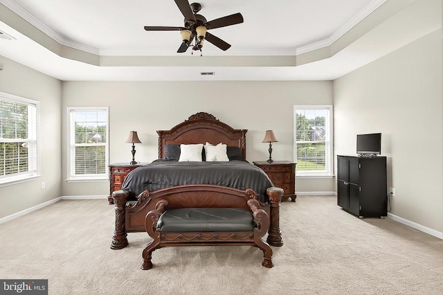  - bedroom featuring light colored carpet, crown molding, multiple windows, and a raised ceiling