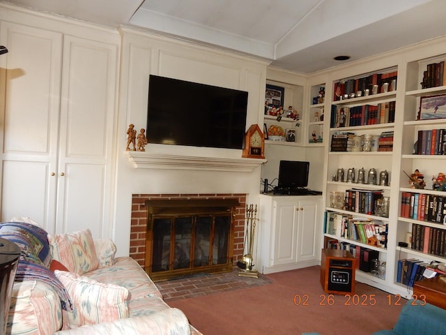 49 Edgewood Ct, Hot Springs, VA 24445 - living area featuring a fireplace, lofted ceiling, carpet flooring, and built in features