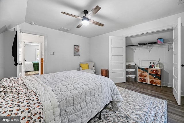 295 Hemlock Loop, Mineral, VA 23117 - bedroom with wood finished floors, a closet, lofted ceiling, and a ceiling fan