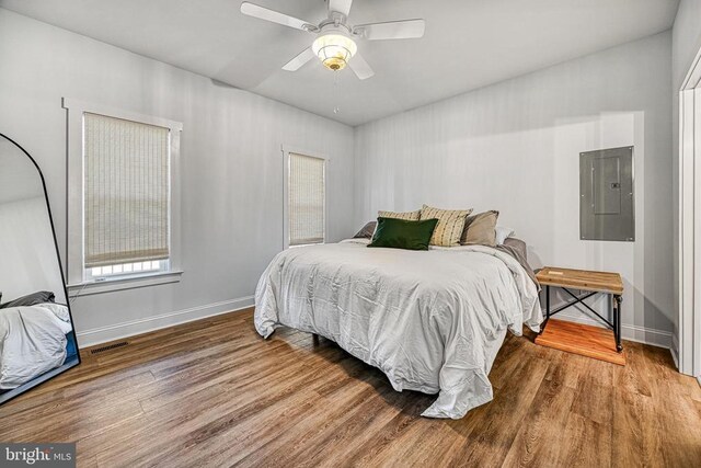 295 Hemlock Loop, Mineral, VA 23117 - bedroom with electric panel, wood finished floors, baseboards, and a ceiling fan