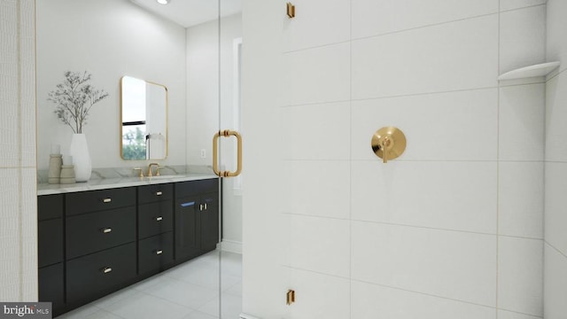  - full bath featuring vanity, a shower stall, and tile patterned floors