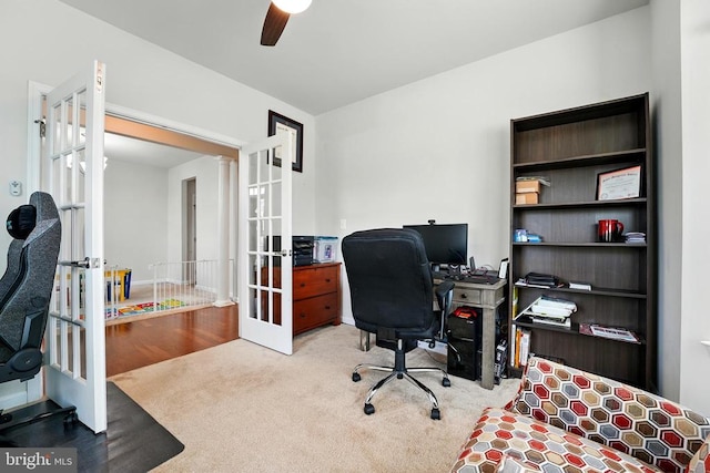  - office with french doors, carpet, and ceiling fan