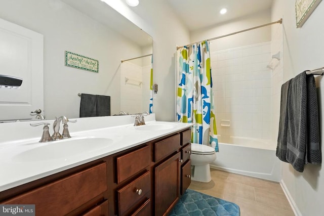  - bathroom featuring double vanity, shower / bath combination with curtain, and tile patterned flooring