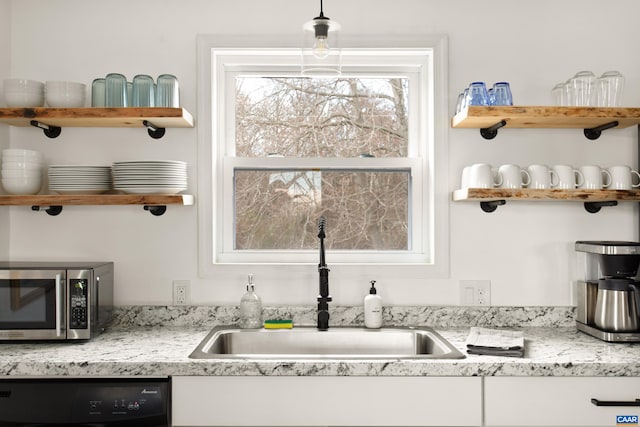 1795 Avon Rd, Afton, VA 22920 - kitchen featuring stainless steel microwave, a sink, open shelves, and white cabinetry