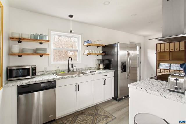 1795 Avon Rd, Afton, VA 22920 - kitchen with appliances with stainless steel finishes, open shelves, a sink, island exhaust hood, and light wood-style floors