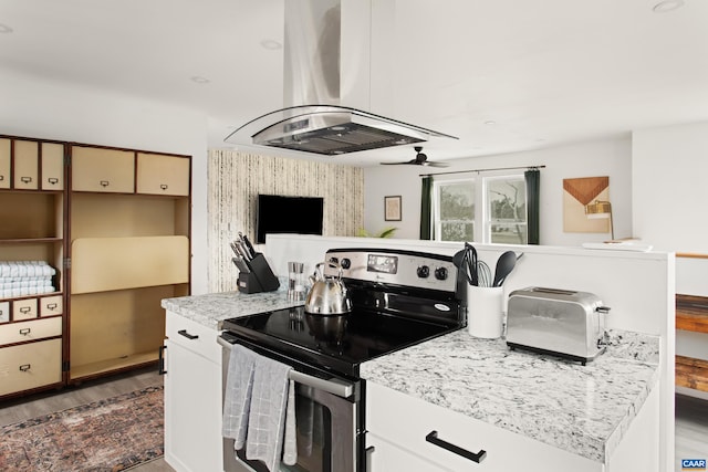 1795 Avon Rd, Afton, VA 22920 - kitchen with stainless steel electric stove, island range hood, wood finished floors, and ceiling fan