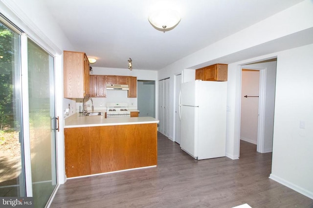5903 Vista Ct, Fredericksburg, VA 22407 - kitchen featuring white appliances, under cabinet range hood, a sink, light countertops, and wood finished floors