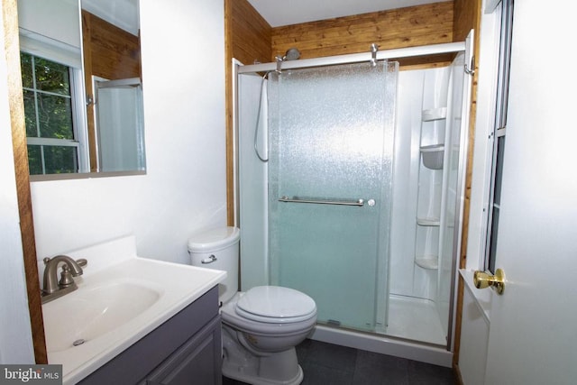 5903 Vista Ct, Fredericksburg, VA 22407 - bathroom featuring a shower stall, tile patterned flooring, vanity, and toilet