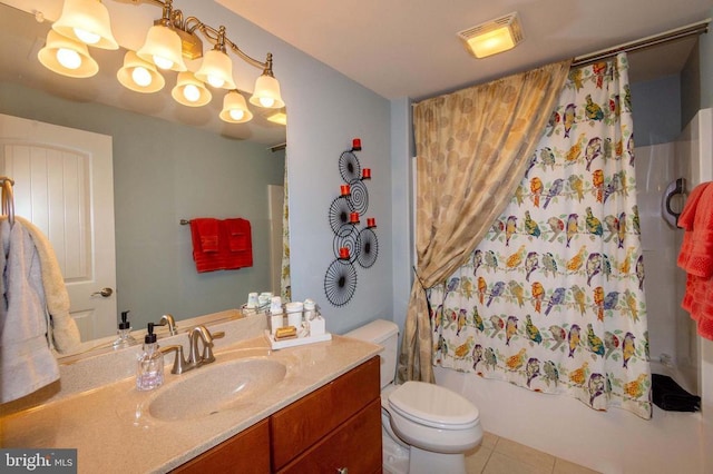 bathroom featuring shower / bath combo with shower curtain, toilet, visible vents, tile patterned floors, and vanity
