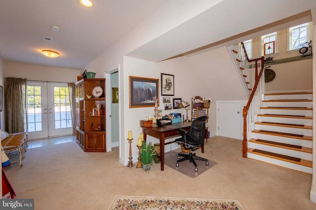 office area featuring carpet flooring, visible vents, french doors, and baseboards