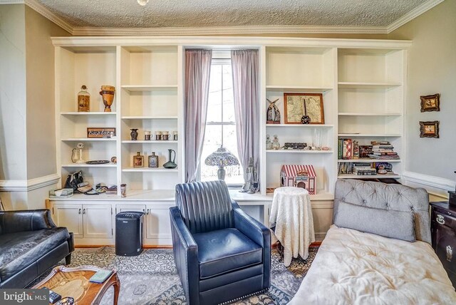 215 Fredericksburg Ave, Louisa, VA 23093 - living area featuring built in study area, a textured ceiling, built in features, and ornamental molding